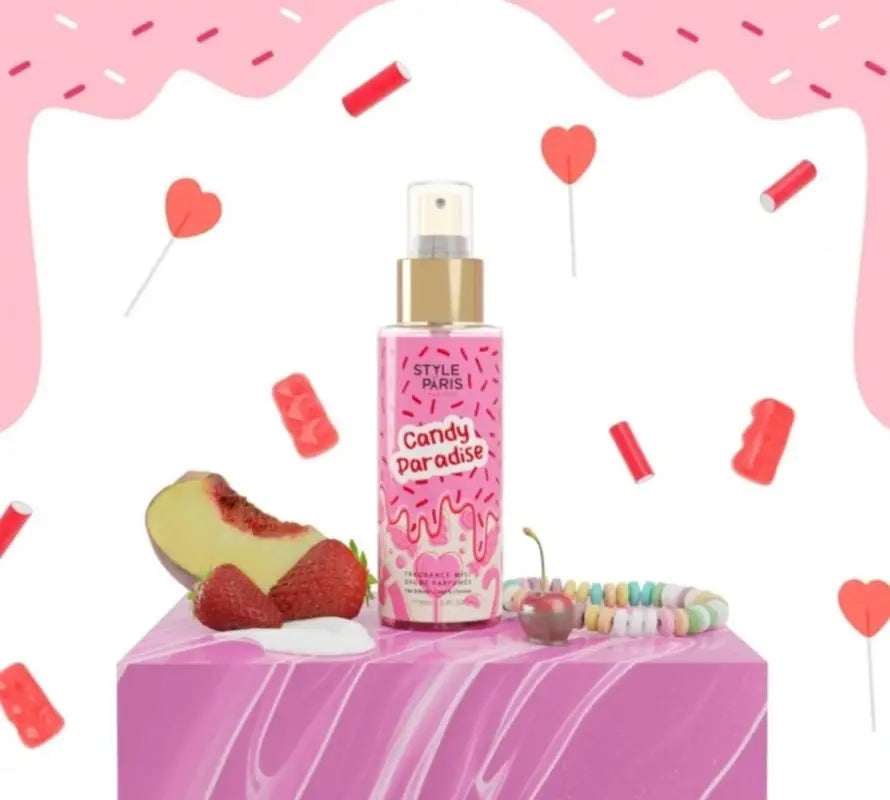 Imagen promocional de Candy Paradise con elementos frutales y dulces. Fragancia juvenil y afrutada. Producto disponible en ZAYROA.