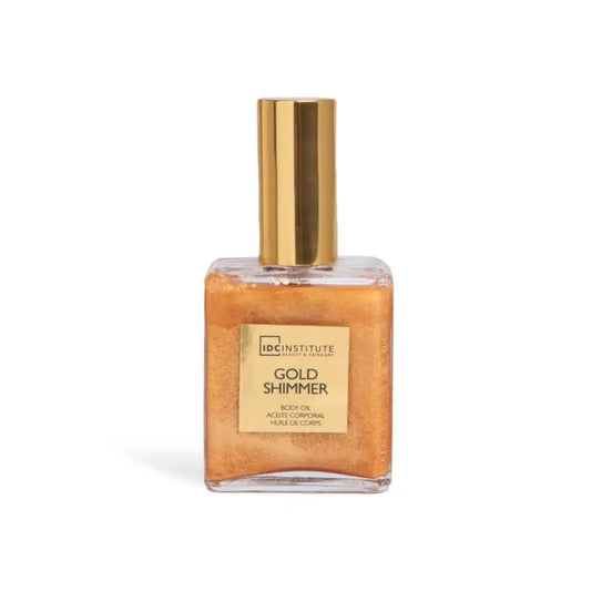 Aceite corporal Gold Shimmer de IDC Institute, 50 ml. Ilumina la piel con brillo dorado mientras hidrata en profundidad. Ideal para todo tipo de piel. ZAYROA