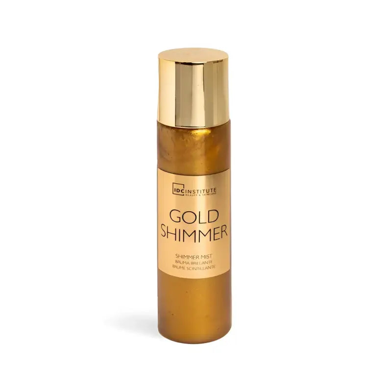 Bruma corporal dorada IDC Institute de 150 ml. Aporta brillo dorado y luminosidad a la piel con una fórmula ligera, ideal para el verano. ZAYROA