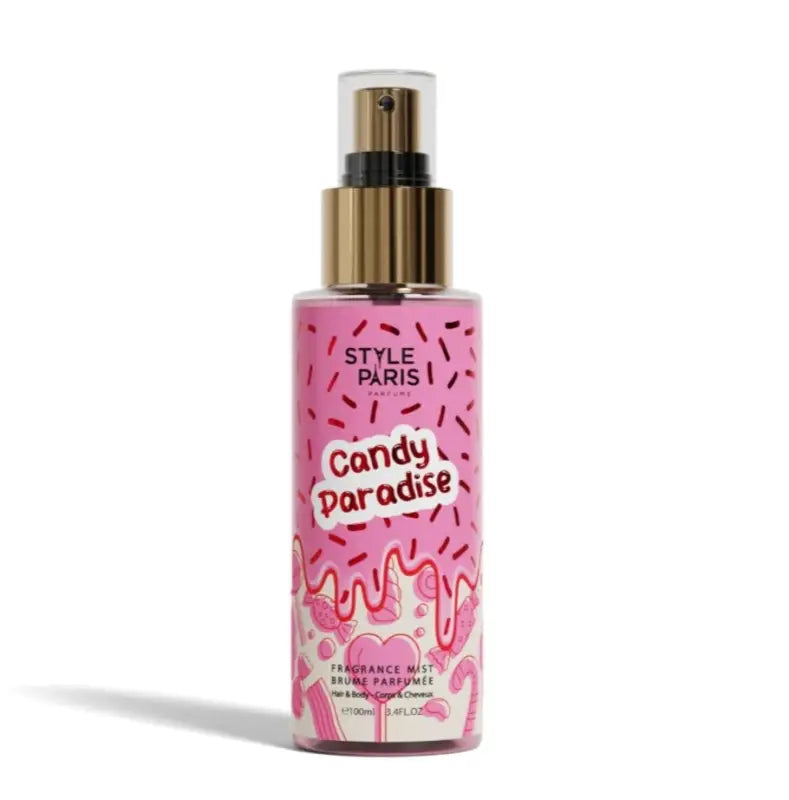 Bruma corporal Candy Paradise de Style Paris, 100 ml, con aroma dulce de fresa y melocotón. Perfuma piel y cabello. Venta  en ZAYROA.